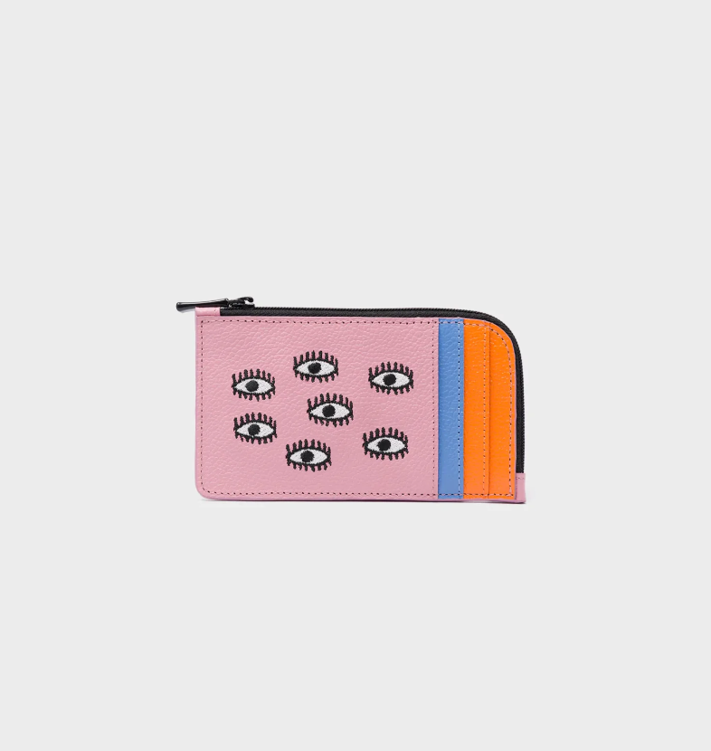 Fausto Blush Pink and Vista Blue Leather Zip-around Cardholder - Eyes Embroidery