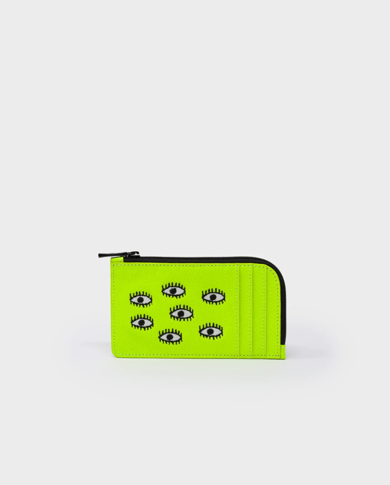 Fausto Neon Yellow Leather Zip-around Cardholder - Eyes Embroidery