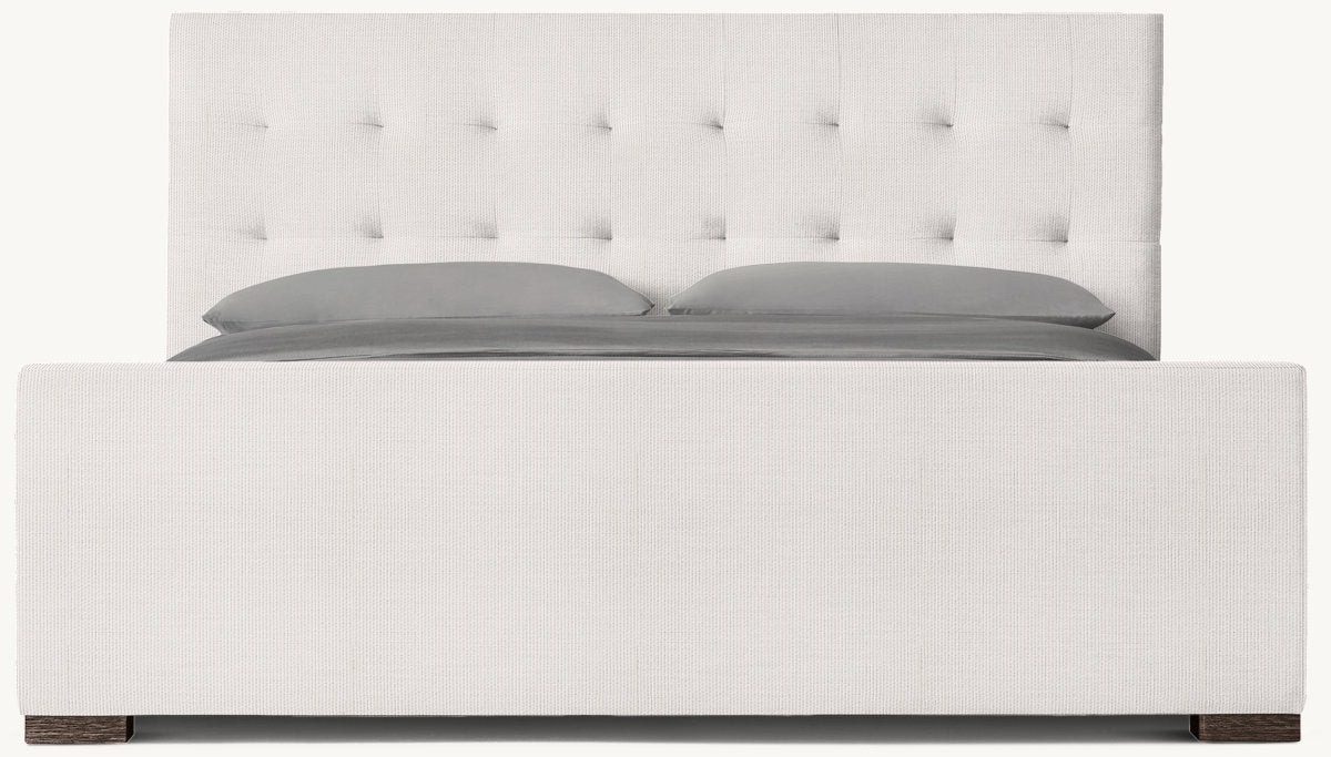 Modena Fabric Platform Bed: Brown Oak | Perennials Performance Textured Two-Tone Linen - White