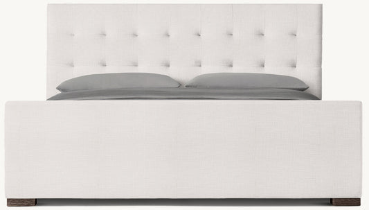 Modena Fabric Platform Bed: Brown Oak | Perennials Performance Textured Two-Tone Linen - White