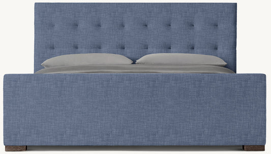 Modena Fabric Platform Bed: Brown Oak | Perennials Performance Textured Linen Weave - Navy