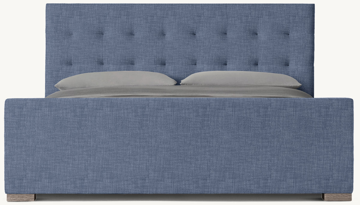 Modena Fabric Platform Bed: Grey Oak | Perennials Performance Textured Linen Weave - Navy